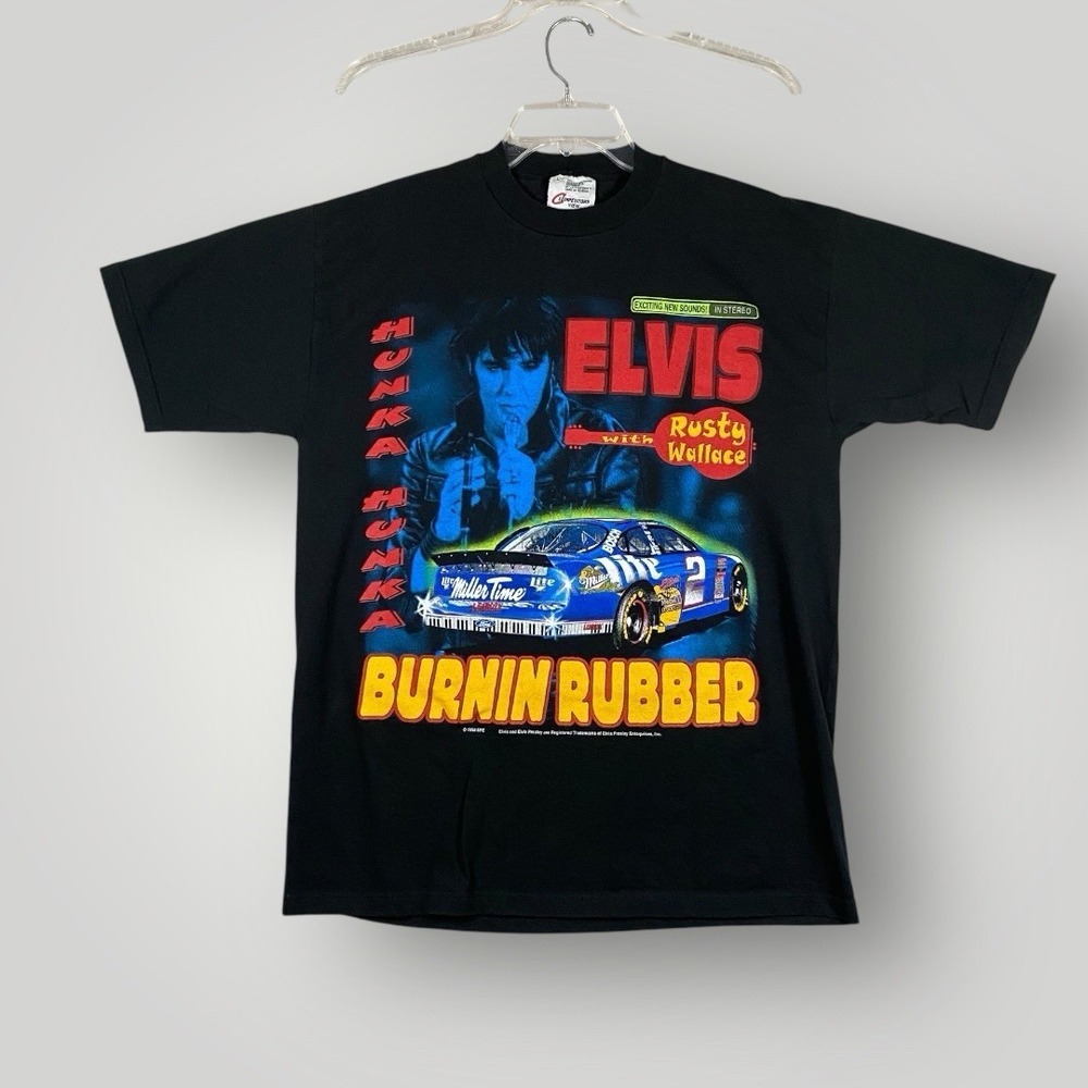 Vintage 1998 NASCAR‎ Elvis Presley Rusty Wallace Burning Rubber Shirt Mens L